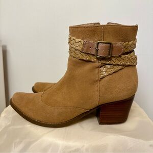 Arezzo Tan Real Suede Ankle Boots with Braided Strap & Block Heel